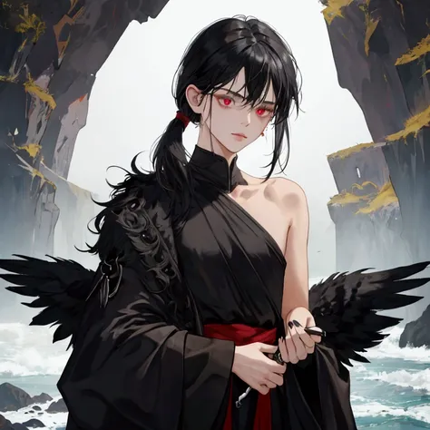 NSFW, short boy, feminine small shotacon, holding crow pet, small fragile body, black fur-lined clothes hanging on the shoulder, little to no clothes (showing core body), black hair, very messy mullet hair, bangs, shining crimson eyes, masterpiece, 8k, pho...