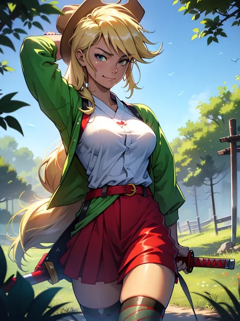 AppleJack, Applejack from my little pony, big breastes, Lush breasts, closed clothing, elastic breasts, exuberant hair, straight hair, red elastic band on the hair, samurai, kimono , smirk, serious face, Katana in hand, big iron katana, very long katana, e...