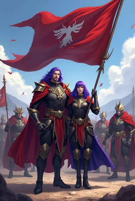 A purple haired man and a purple haired woman leader of a guild, holding the guild flag with the word Plunderes in his hands and behind him his army of warriors 