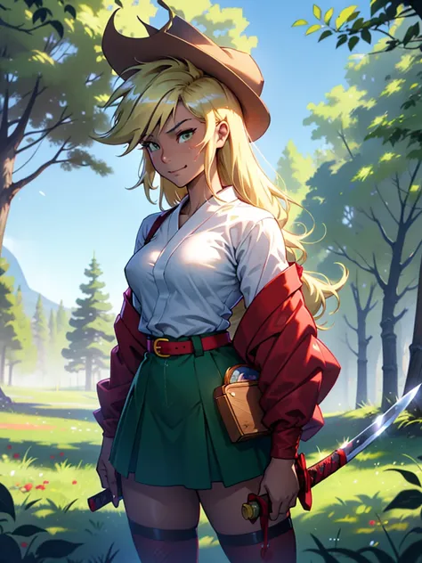 AppleJack, Applejack from my little pony, big breastes, Lush breasts, closed clothing, elastic breasts, exuberant hair, straight hair, red elastic band on the hair, samurai, kimono , smirk, serious face, Katana in hand, big iron katana, very long katana, e...