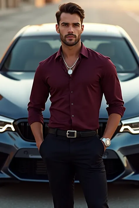 Generate a image in front of bmw m5 f90 car in marron(dark red ) shirt tugged in with black trousers with a nice black belt with silver Daytona Rolex watch wearing brown boots with silver chain in the neck