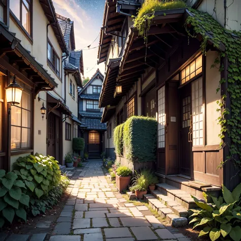 A picturesque street scene in a (quiet:1.3) Japanese town at (dusk:1.2), with a (vibrant:1.4) sky filled with (twinkling stars:1.3) and a (gradient sunset:1.2). On the left side, theres an (old:1.1) building with a (blue awning:1.2) and (illuminated:1.3) s...