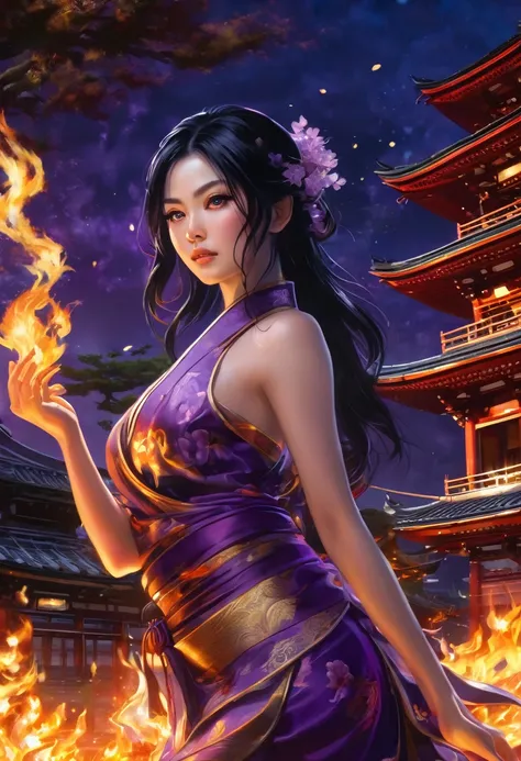 1 sexy girl, black hair, purple luminous eyes,((holding fire ofuda)),((ofudas emanating
energy)), ((ofudas emanating magic and fire)),((ofuda)),((holding ofuda)), ((ofudas)) , (hyper
detailed), (masterpiece, 8k,ultra detailed),(scene: night,pagoda, japan...