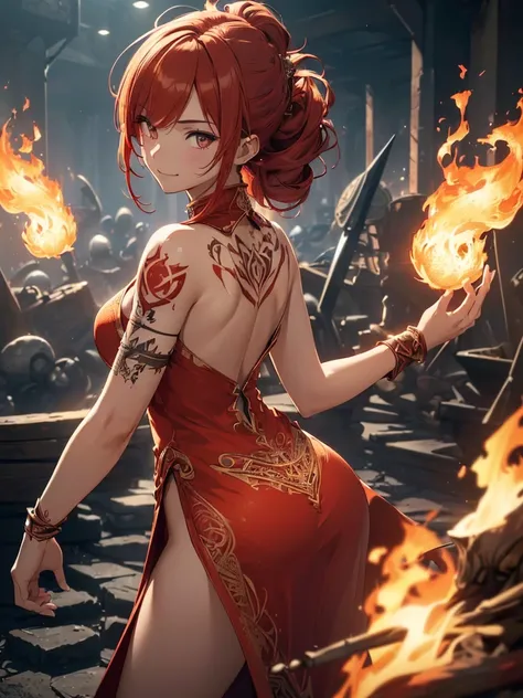 (((best quality, sharp image, clear image, cinematic lighting, 8k resolution, masterpiece, ultra detailed, intricate))) Girl, (((looking over left shoulder))), (shot from behind), fire mage, ((intricate background)), ((chaotic background)), red hair, smili...