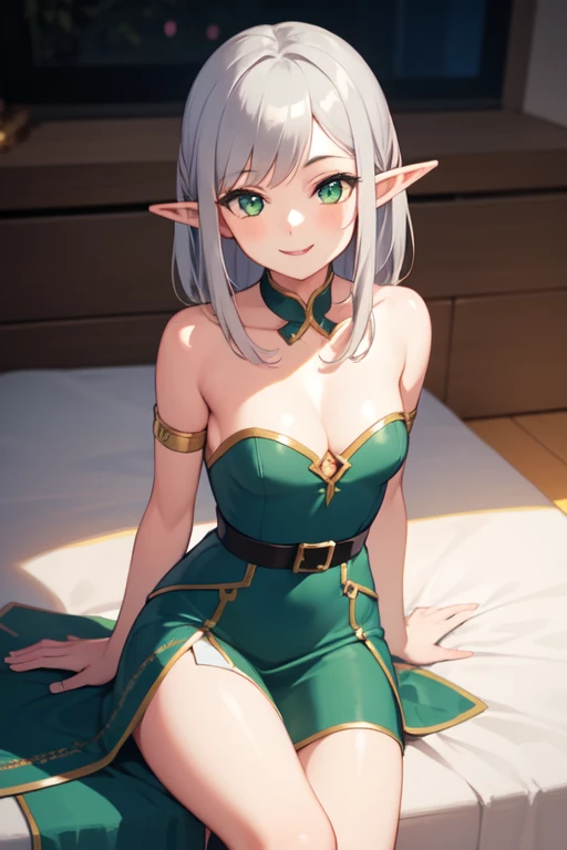 ((best quality)), ((masterpiece)), (detailed), 1girl, elf woman, small breasts, slender and , medium silver hair, green eyes, smiling, sidesweep bangs, beautiful legs, beautiful waist, using elf dress, bare shoulders, big cleavage