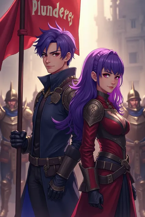 A purple haired man and a purple haired woman leader of a guild, holding the flag with the word Plunderes in his hands and behind him his army of warriors 