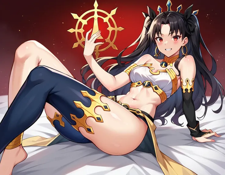 score_9, score_8_up, score_7_up, score_6_up BREAK source_anime, Ishtar, long hair, black hair, ribbon, hair ribbon, two side up, red eyes, parted bangs, crown, thighhighs, navel, jewelry, earrings, single thighhigh, armlet, asymmetrical legwear, anklet, un...