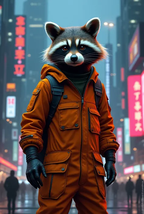 Adult Raccoon, with orange overalls, city with led, night, cyberpunk