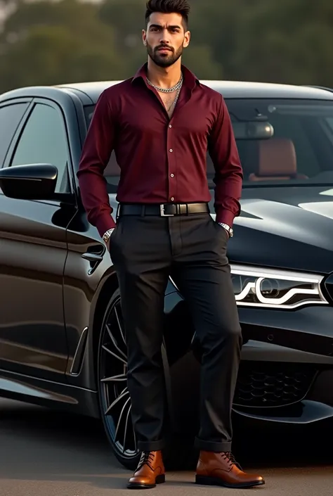 Generate a image in front of bmw m5 f90 car in marron(dark red ) shirt tugged in with black trousers with a nice black belt with silver Daytona Rolex watch wearing brown boots with silver chain in the neck. With black shoes 