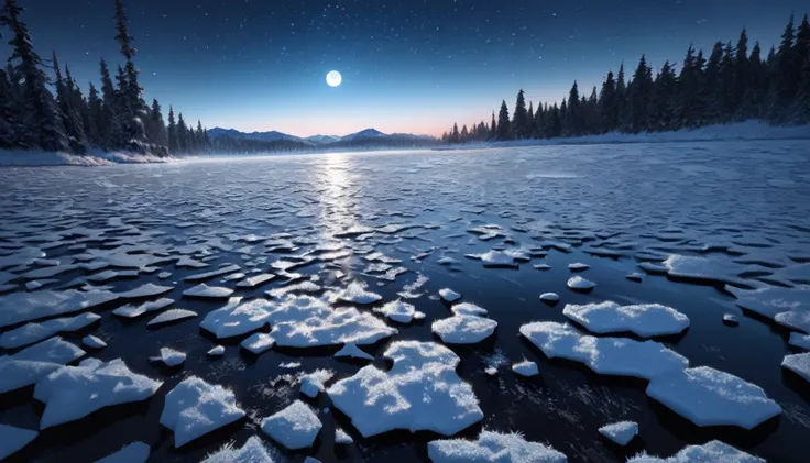 frozen lake lake, night, stars in the sky, moon, severe frost, frost, snowing, 4k, high resolution, high detail, random angle, hyperrealism, 300mm, f/10.0,1/1600ms, HDR