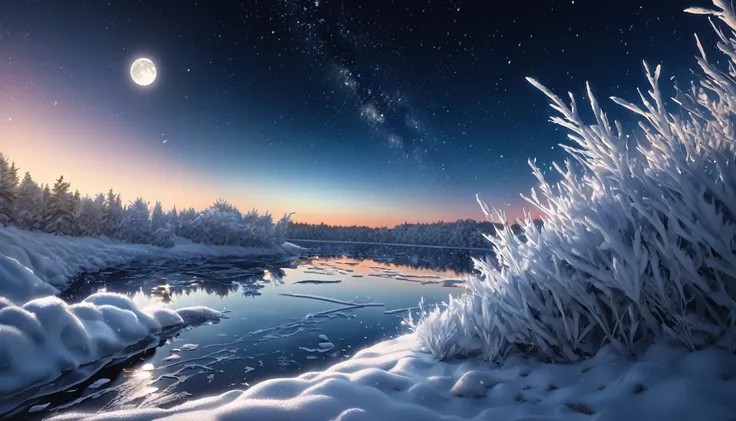 frozen lake lake, night, stars in the sky, moon, severe frost, frost, snowing, 4k, high resolution, high detail, random angle, hyperrealism, 300mm, f/10.0,1/1600ms, HDR