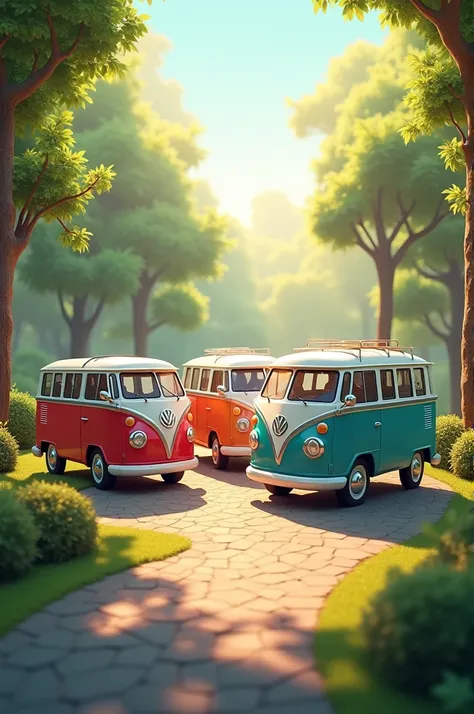 I need to create an image of 3 minibuses, Together, one looking to the left, another to the center and one to the right with shade and a path 