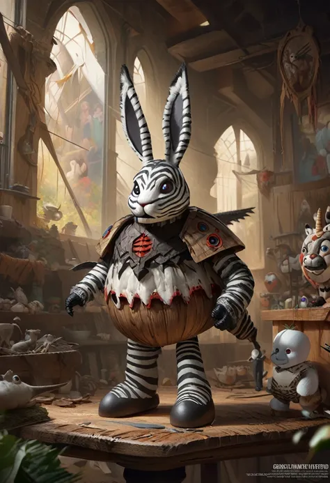 An illustration of cute and macabre gothic doll carrying a rabbit in the style of Martin Whatson.in the background stribes pattern lifelike an Zebra, cute, realistic pixar style trending on artstation,  sharp focus,  studio photo,  intricate details,  high...