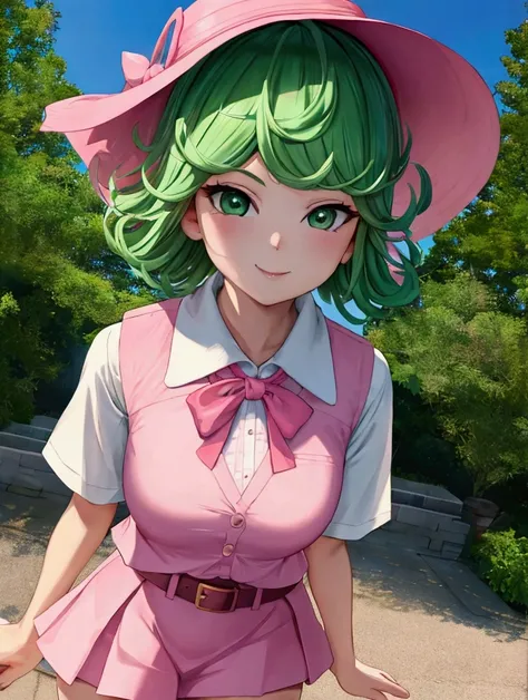 (high res, 8K, masterpiece, looking at viewer, best quality, very aesthetic, ultra detailed, ultra background, ultra Eyes) intricate details, 1girl, Tatsumaki, Chibi, short sleeved white shirt, pink vest, Pink short skirt, Pink bucket Hat, Pink tie ribbon,...