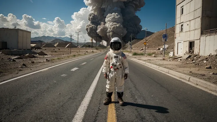 male child standing in the middle of the road wearing astronaut suit in apocalyptic world