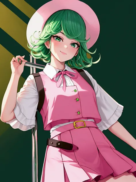 (high res, 8K, masterpiece, looking at viewer, best quality, very aesthetic, ultra detailed, ultra background, ultra Eyes) intricate details, 1girl, Tatsumaki, Toddlers, short sleeved white shirt, pink vest, Pink short skirt, Pink bucket Hat, Pink tie ribb...