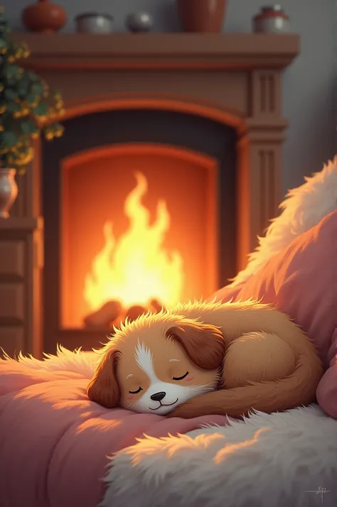 Please create an illustration of my pet in 2D animation style. It’s taking a nap in its favorite spot by the fire.