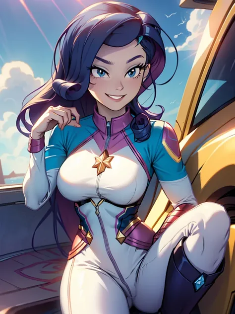 Rarity, Huge-breasts, Lush breasts, Elastic breasts, hairlong, Luxurious hairstyle, In the costume of Captain Marvel, white and blue suit, Elegant boots white, in the sky, superhero, brawn, in full height, Happy, ssmile, Rhinestones and diamonds are everyw...