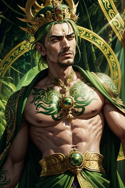 a chaotic verdant emperor, hyper-detailed, masterpiece, 8k, high quality, hyper-realistic, ornate golden crown, flowing green robes, powerful gaze, intricate tattoos, ethereal energy, dynamic pose, dramatic lighting, deep rich colors, lush jungle backgroun...