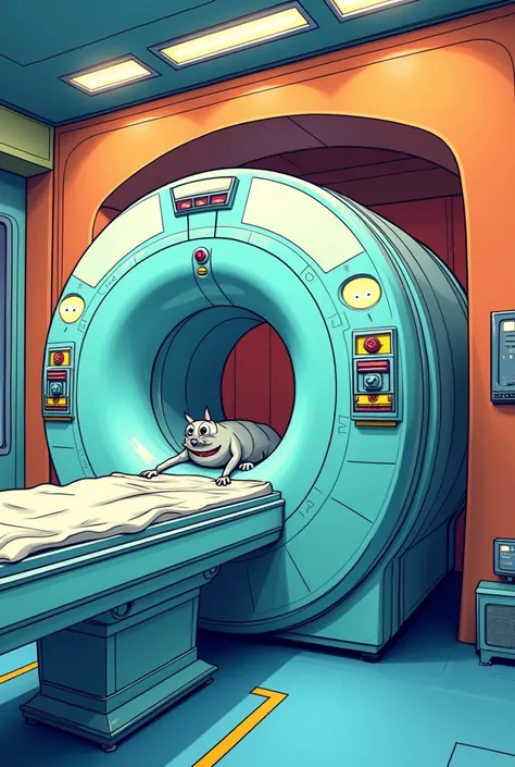 An image of an MRI machine but the illustration type is like a comic book