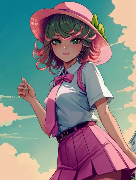 (high res, 8K, masterpiece, looking at viewer, best quality, very aesthetic, ultra detailed, ultra background, ultra Eyes) intricate details, 1girl, Tatsumaki, Chibi, short sleeved white shirt, pink vest, Pink short skirt, Pink bucket Hat, Pink tie ribbon,...