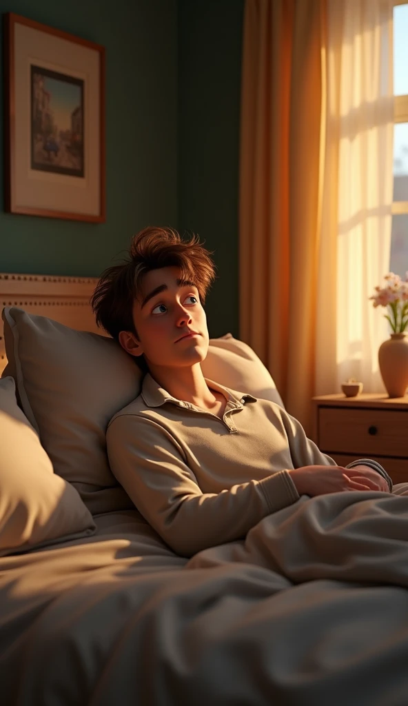 A tired handsome guy with brown hair at his room, pixar style, cinematic, masterpiece, high-aesthetic, realistic 