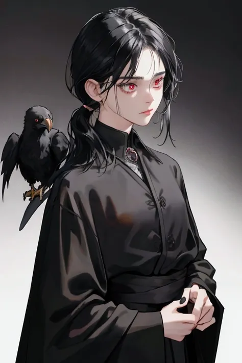 NSFW, short boy, feminine small shotacon, holding crow pet, small fragile body, black fur-lined clothes hanging on the shoulder, little to no clothes (showing core body), black hair, very messy mullet hair, bangs, shining crimson eyes, masterpiece, 8k, pho...