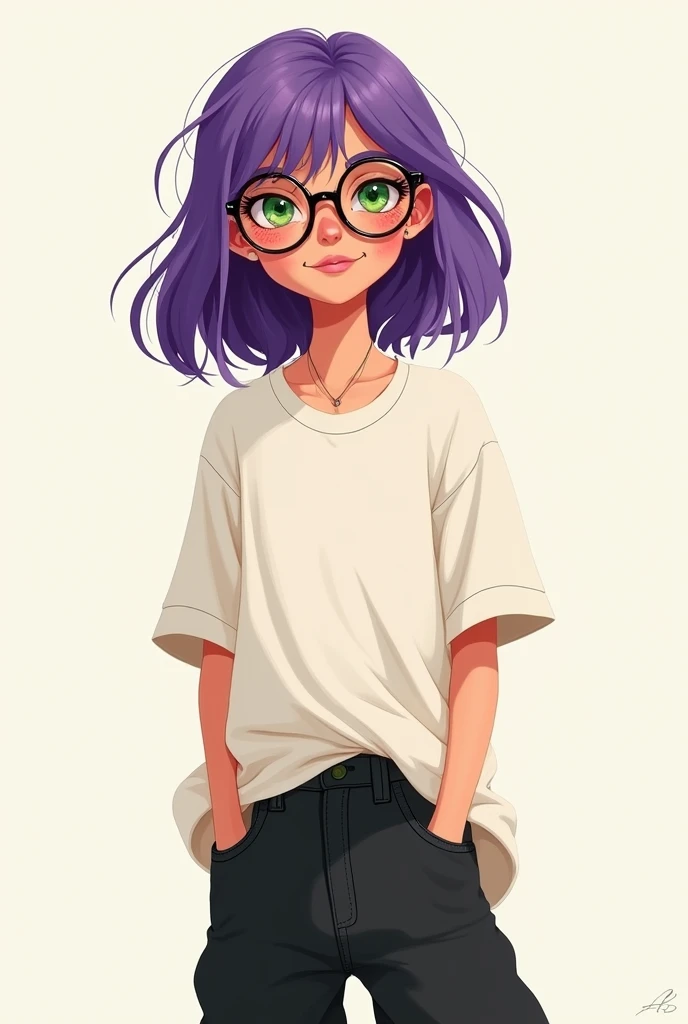 2d girl with oversized tshirt and black baggy jeans. She has purple mid length hair, green eyes, glasses and freckles