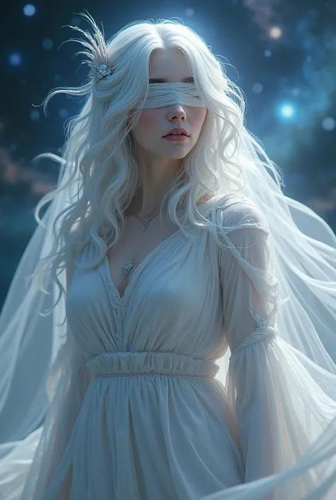 A celestial guardian with pale skin, wavy gray hair, with clothes in shades of white and silver, eyes covered by a bandage and a transparent veil attached to her head 