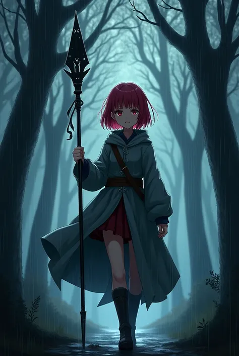 Girl with short red hair in tomboy style, wine colored eyes, in a rainy night forest, holding a black metal spear with white notches, medieval clothes, anime style V2