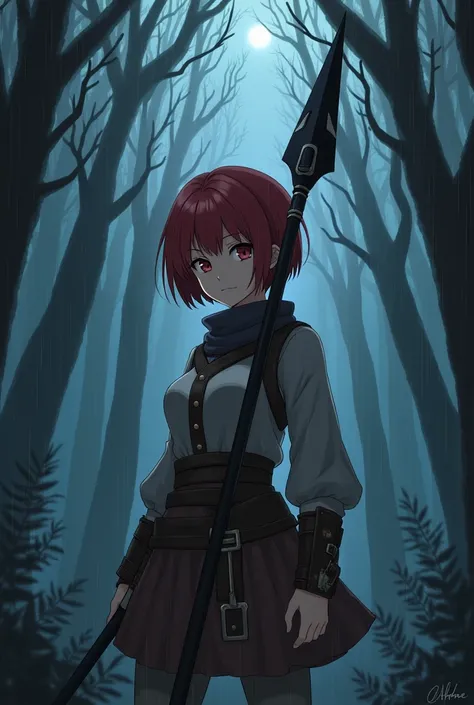 Girl with short red hair in tomboy style, wine colored eyes, in a rainy night forest, holding a black metal spear with white notches, medieval clothes, anime style V2