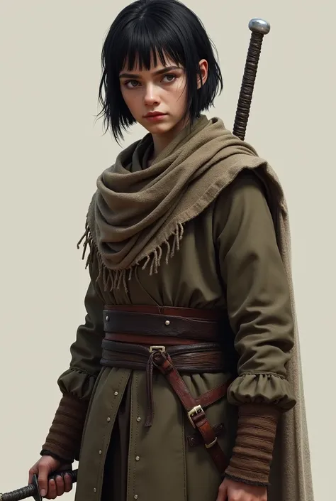 Arya stark from game of thrones,15 years old warrior girl with a thin sword on left hand,her hair is straight cut short black ,her face is long and sharp, shes wearing a brown rough cotton fabric long warrior attire.