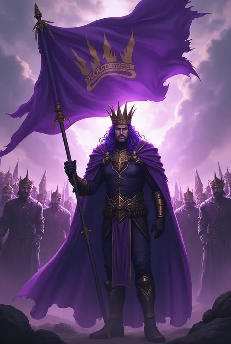 A purple-haired man with a crown on his head and a purple-haired woman who leads a guild., holding the flag with the word Plunderes in his hands and behind him his army of warriors 