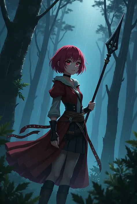 Girl with short red hair in tomboy style, wine colored eyes, in a night forest, rain storm, holding a black metal spear with white notches, medieval clothes, anime style V2