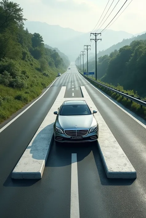 Letter A with the appearance of a concrete track, Roadside, highway with a car on it