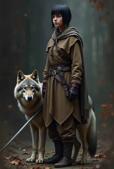 Arya stark from game of thrones,15 years old warrior girl with a thin sword on left hand,her hair is straight cut short black ,her face is long and sharp, shes wearing a brown rough cotton fabric long warrior attire.A dark atmosphere with showy background ...