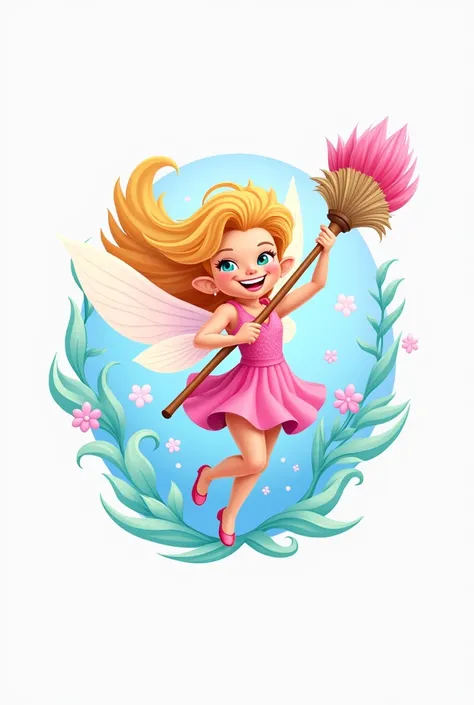 Create a fun, colorful logo for a cleaning products company featuring a fairy holding a magical broom. Use a palette of vibrant colors and rounded shapes.