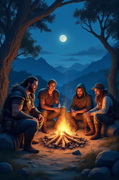 Fantasy adventurers in the middle of the night around a campfire