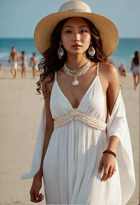 (masterpiece:1.2, best quality), (1lady, solo, upper body:1.2), Clothing: white flowy maxi dress, wide-brimmed hat, strappy sandals, Accessories: shell necklace, Hair: loose beach waves, Makeup: natural, glowing skin, Behavior: relaxed, carefree, free-spir...