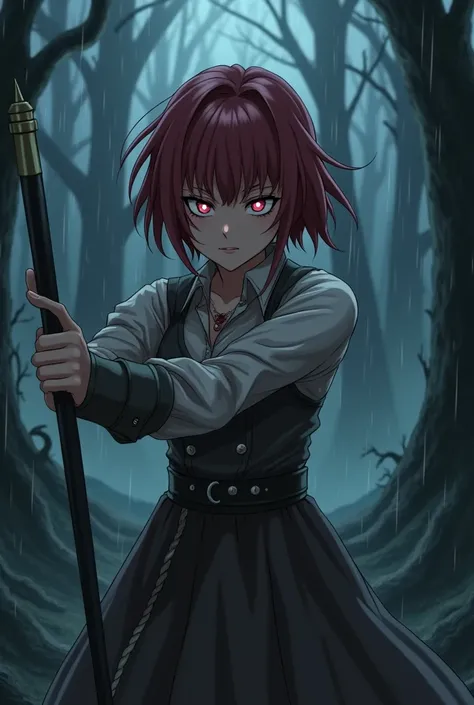 Girl with short red hair in tomboy style, wine colored eyes, in a night forest, rain storm, holding a black metal spear with white notches, medieval clothes, expression of anger, sadness, hatred and despair, anime style V2