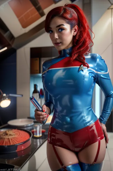 a Beauty Japanese woman in a detailed blue starfleet uniform, highly detailed face, beautiful eyes, beautiful lips, long blood red eyelashes, medium length blood red hair, confident expression, standing in a futuristic sci-fi interior background with techn...