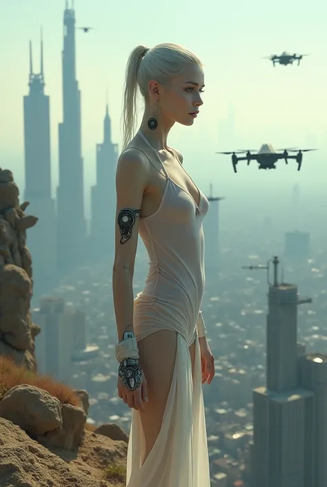 dystopic, view of city futuristic cyber punk, skyline, drones, sppiner vehicule, cables and mechanic exposed, space ship [scientific fiction], (Ghost in The Shell) Foto colorida RAW off alto offtalhe, fullshot, frontal angle, off (Beautiful female arterial...