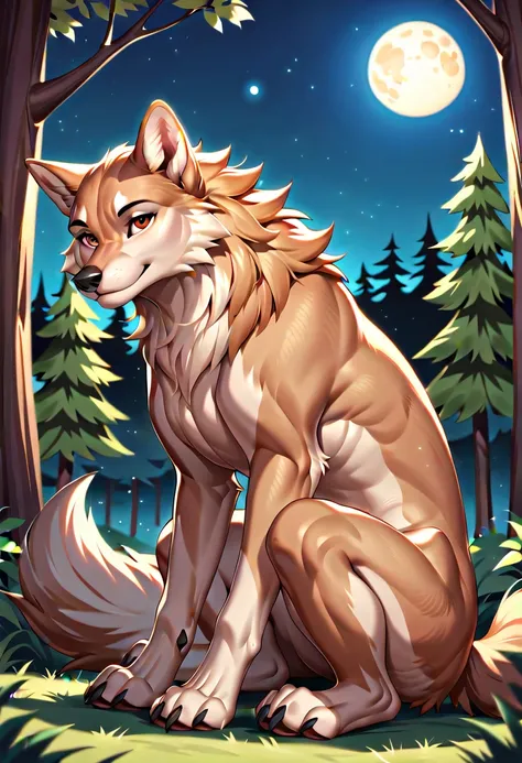 kate, wolf, feral, looking at viewer:1.3, sitting, outside, orange eyes, full body, side view, looking up, night, moon, low angle, sparkling, forest