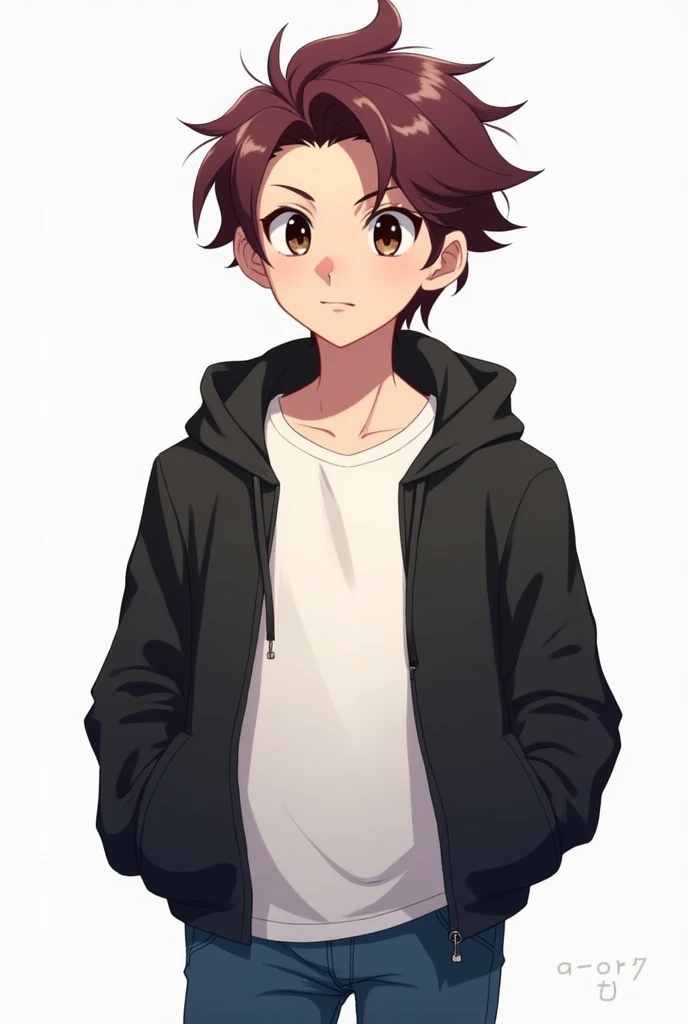 male character, hair combed to both sides, 小柄, maroon. brown dark eyes. Black jacke, plain white t-shirt underneath. blue jeans. anime dash