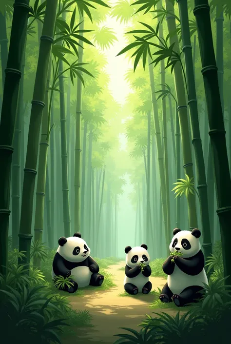 The Bamboo Forest**
   - **Description**: A lush bamboo forest with tall green bamboo stalks and a few playful pandas, including Pippin, happily munching on bamboo