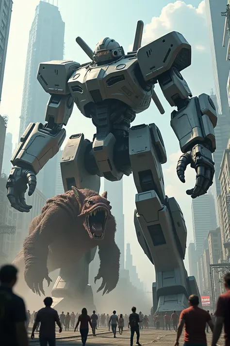 Giant robot fighting monster in a city 