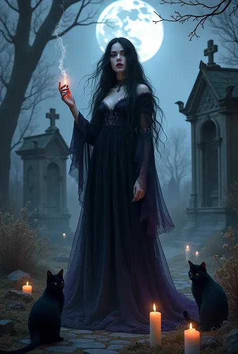 a woman with long black hair, pale skin, eye white, in the cemetery, smoking a cigarette, wearing a long black and purple dress, black cats around, candles burning, on a full moon night, witch