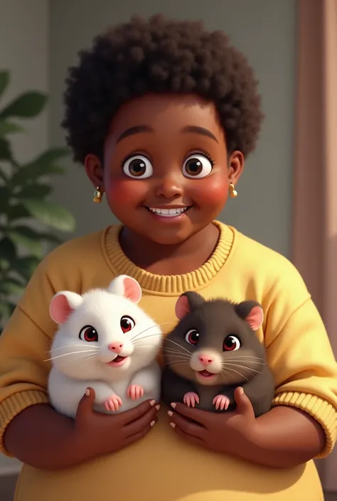 An obese black teenager with short curly hair smiling a lot and wearing a Brazilian shirt holding two hamsters, one with white fur and red eyes and the other with dark brown fur and black eyes 