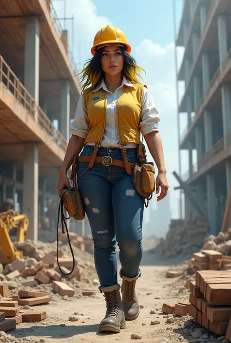 Female architect with white skin, gorda, with dark hair with yellow, hull, on construction site. 