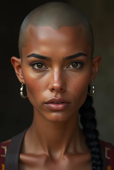 photorealism, hot bald woman, pinterest woman, 4k, ultra realistic, skin texture, pores, photorealistic, model, hyper realistic, RAW photo, photography, gorgeous, face close up, in focus, staring straight forward, face forward, flat lighting, native americ...